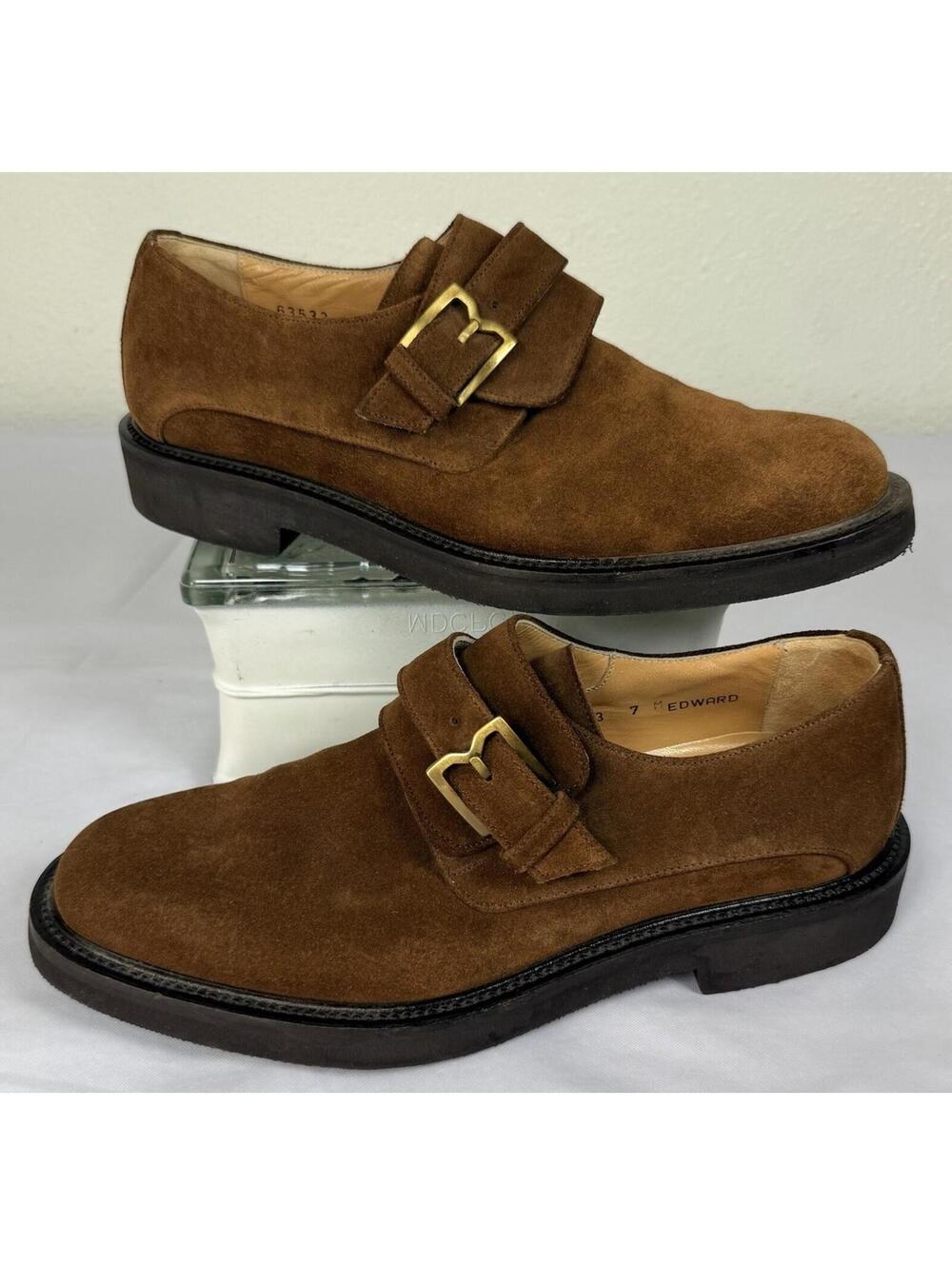 New BRUNO MAGLI Men’ Sz 7 Brown Suede Monk Strap Buckle Detail Dress Shoes
